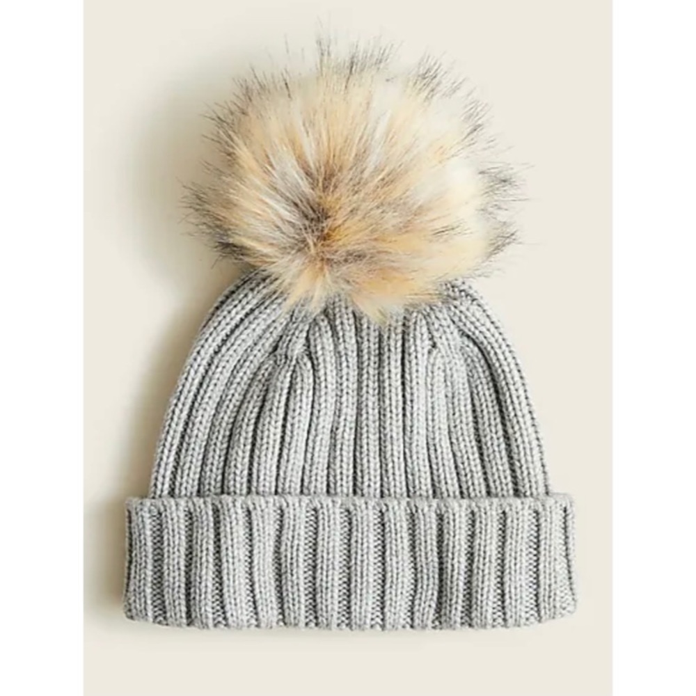 NEW JCREW Ribbed Pom-Pom Beanie in Heather Ash